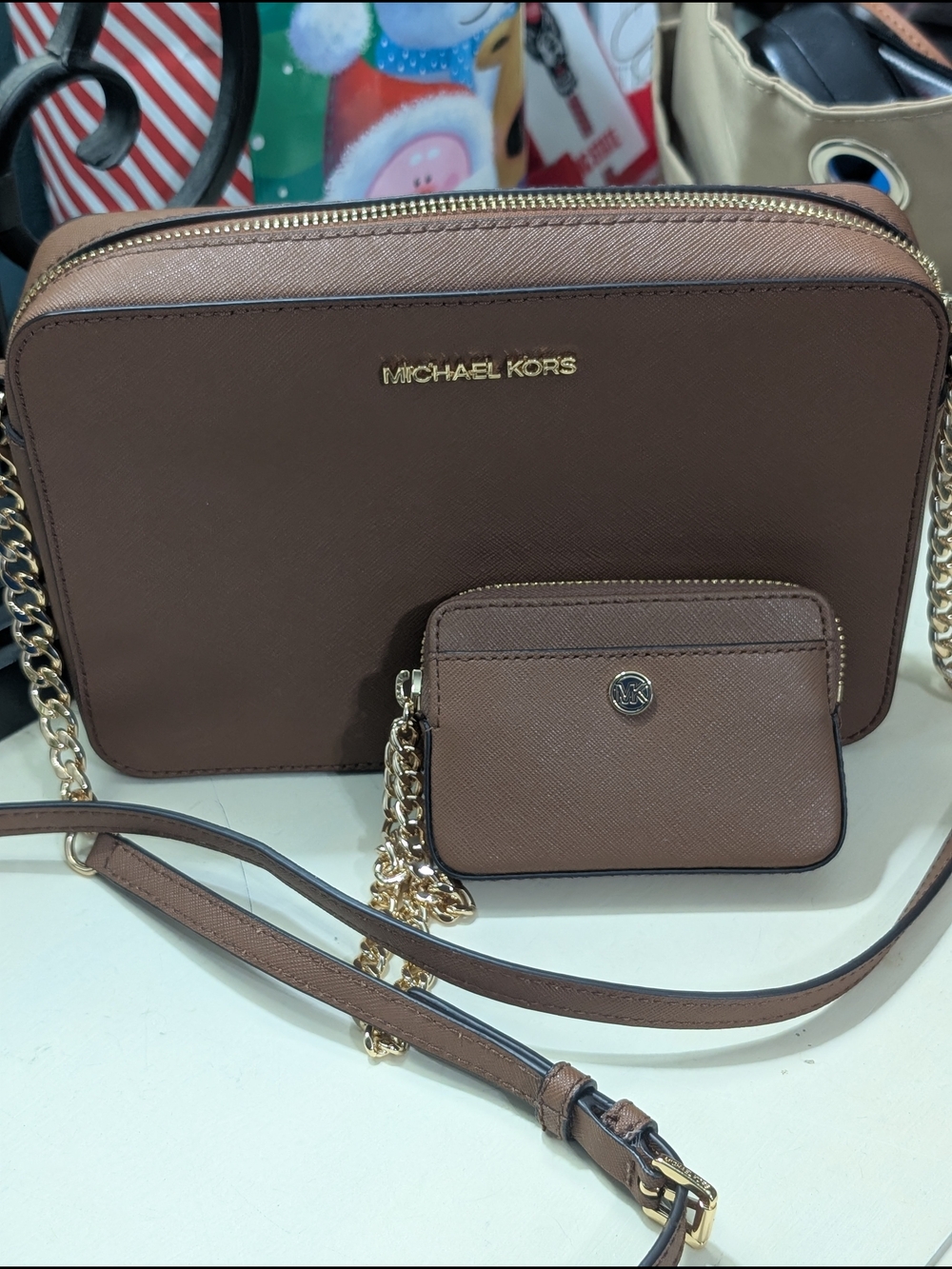 MICHAEL KORS Brown Saffiano Crossbody Bag with Small Matching Wristlet